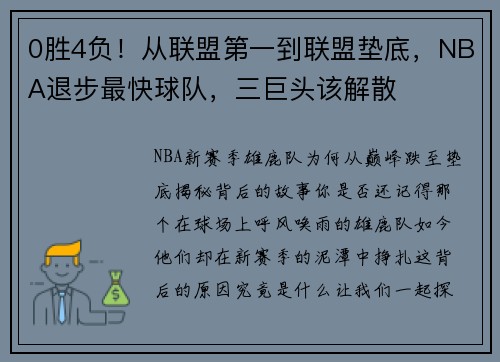 0胜4负！从联盟第一到联盟垫底，NBA退步最快球队，三巨头该解散