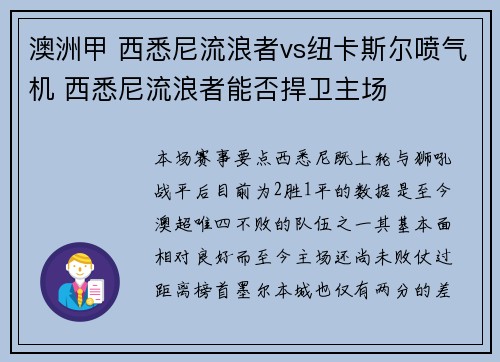 澳洲甲 西悉尼流浪者vs纽卡斯尔喷气机 西悉尼流浪者能否捍卫主场