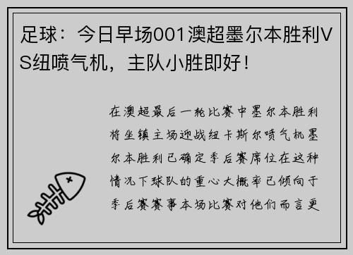 足球：今日早场001澳超墨尔本胜利VS纽喷气机，主队小胜即好！